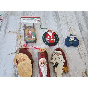 Vintage wooden Santa ornament set sled clause rustic country folk art shabby chi